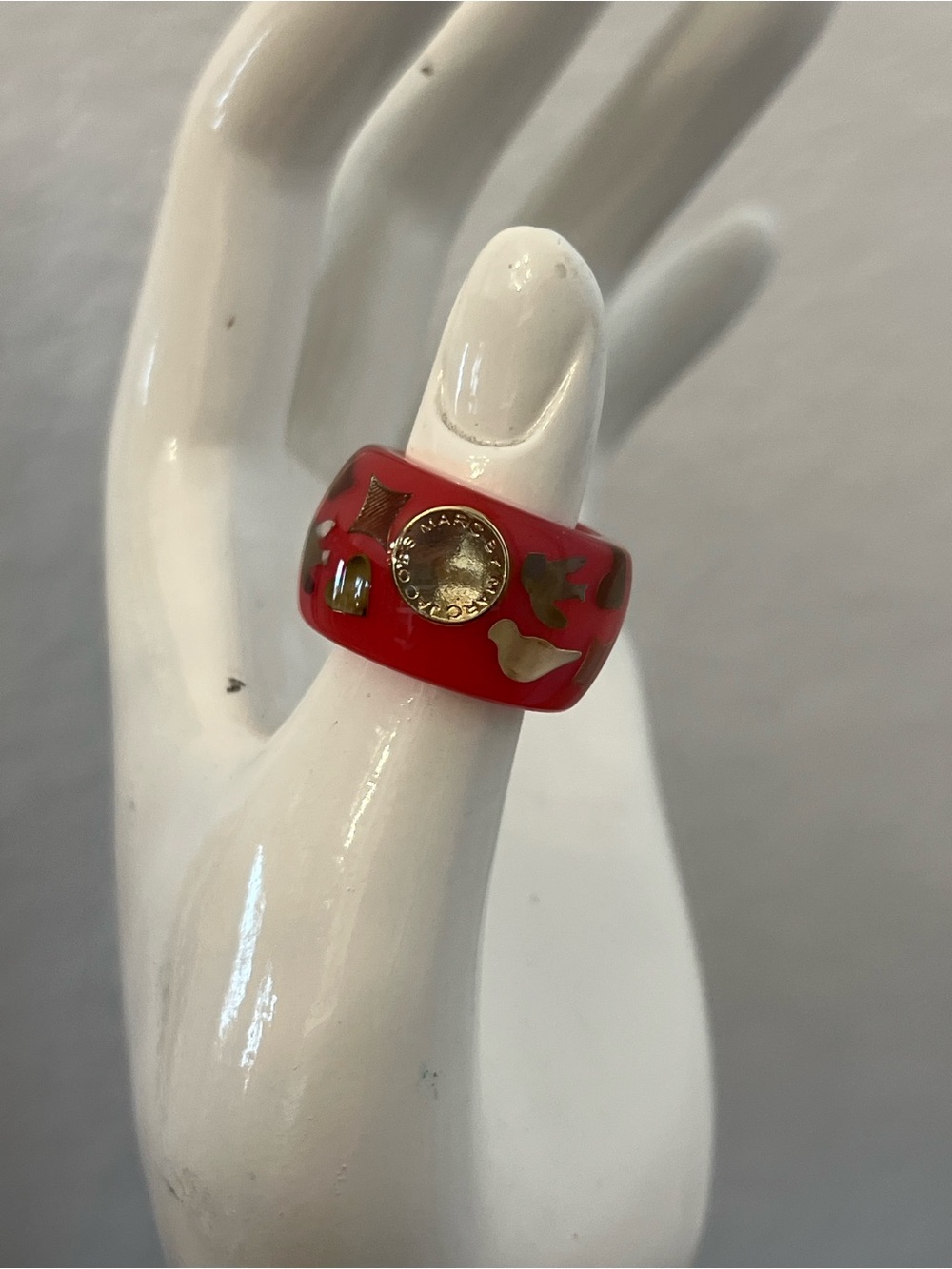 Marc Jacobs Red Resin Statement Ring with Gold Motifs